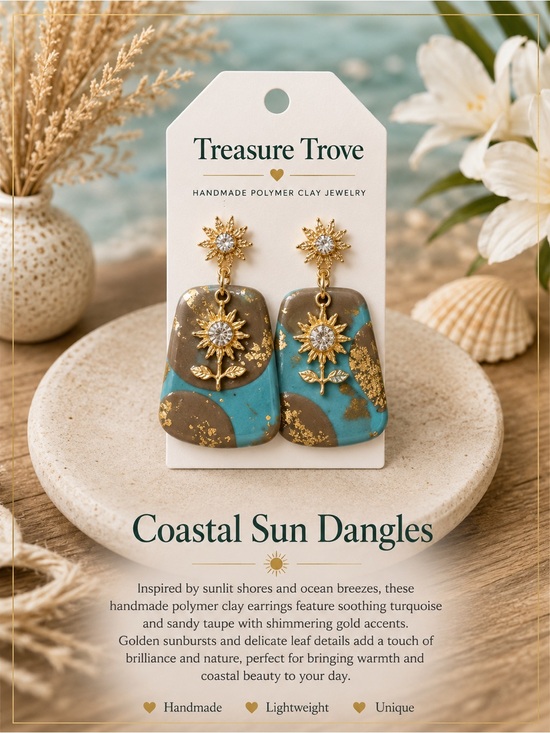 Handmade Jewelry - Treasure Trove Coastal Sun Dangle Earrings - Turquoise & Taupe